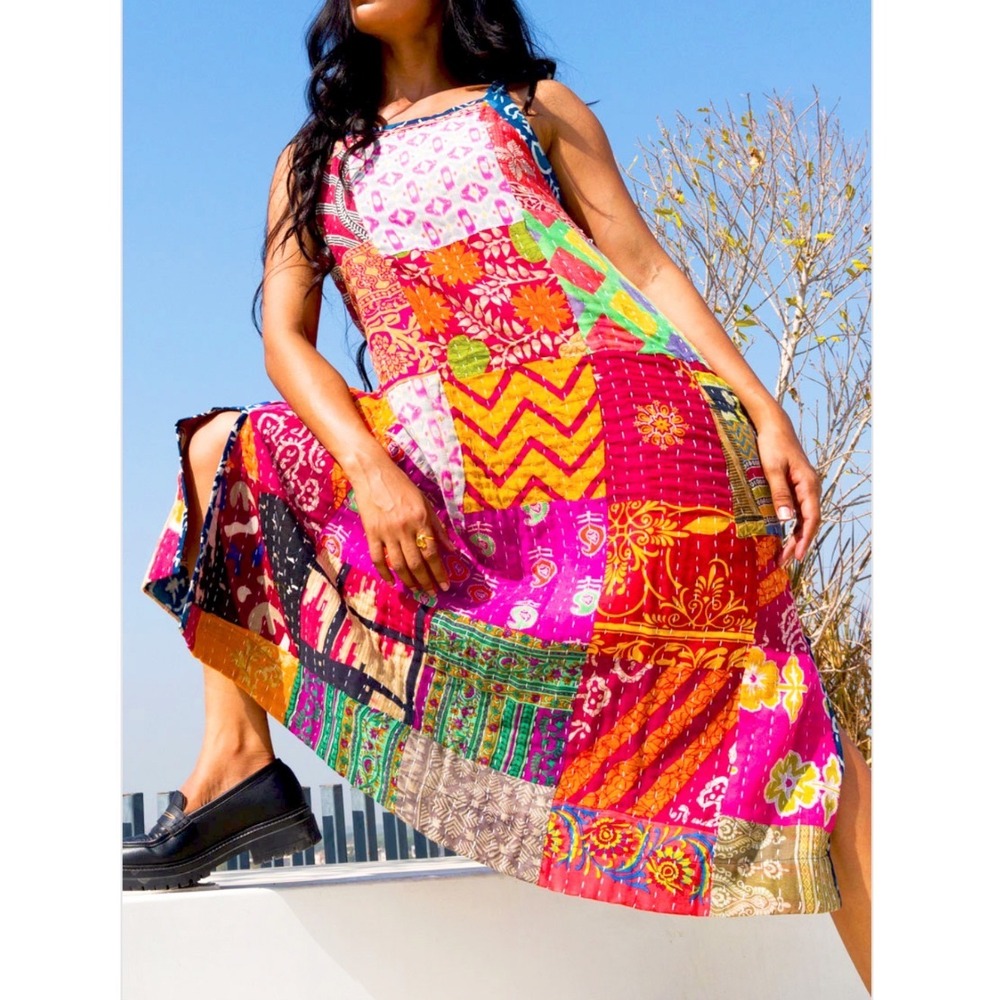 NWT Sevya Reversible‎ Kantha patchwork Cotton Sundress DS-17 one size